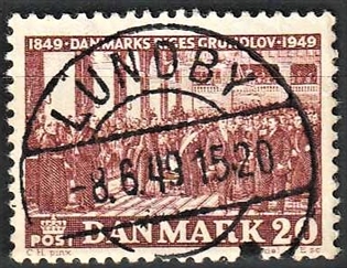 FRIMÆRKER DANMARK | 1949 - AFA 315 - Grundloven 100 år - 20 øre rødbrun - Lux Stemplet Lundby